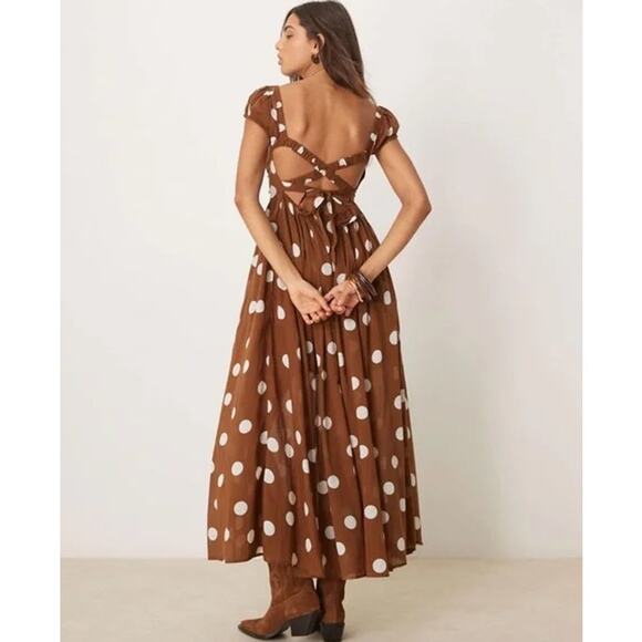 Free People Ultraviolet Maxi Dress Brown Polka Dot Oak Combo Size Medium - Picture 2 of 7